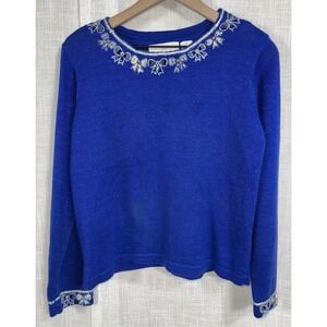 VTG Jane's Closet Women's M Sweater Bows Beaded Sequins Metallic Blue Christmas